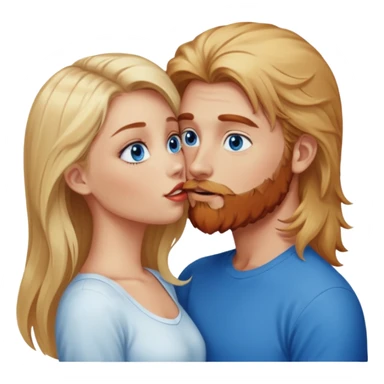 Hot, long hair blonde girl with bright blue eyes, looking at and kissing reddish-browish blue eyed white guy with reddish-brownish-scruffy beard sticker
