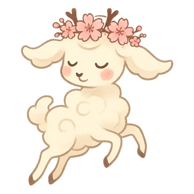 vanilla-colored cloud doe with rosy cheeks, wearing a cherry blossom crown, floating gracefully with witch-like elegance, designed as a brand identity mascot for social media sticker