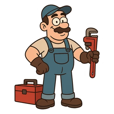 a plumber, with gloves, standing next to a toolbox, confident pose, clean background sticker