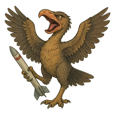 an insignia for a flag: a strange foreign alien bird creature, resembling a prehistoric phorusrhacos, gripping a sidewinder missile in its' powerful claw, standing up on its' other claw, cawing fiercely, wings spread in defiance.
 sticker