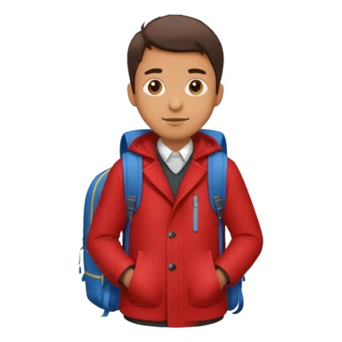 Man in red coat, backpack sticker