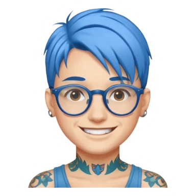 smiling face with blue hair, glasses, and a visible tattoo sticker