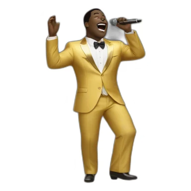 sam richardson in a gold suit singing into a microphone full body dancing fro hair sticker
