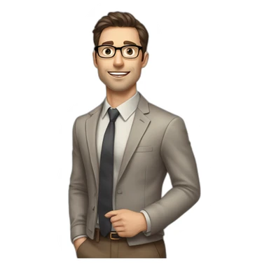 Pale skinned fit man with dark brown hair in gray jacket, beige office shirt, brown tie, brown pants and vintage glasses Writing on the marker board sticker
