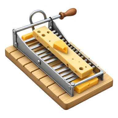 A 3D emoji in iOS emoji aesthetic style of a classic mousetrap with a wooden base and a metal spring mechanism, holding a small piece of yellow cheese, clean and detailed design, white background, glossy Apple-style rendering sticker