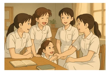 Indoor Ghibli scene with four nursing students interacting, white short-sleeve uniforms with V-neck and left chest pocket, bare forearms, long hair tied back, no stethoscopes or collar stand, inspired by reference photos sticker