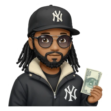 African American man with shoulder length black dreadlocks with black beard wearing black sunglasses wearing a black New York Yankees logo baseball Cap wearing a black bubble winter coat give away money sticker