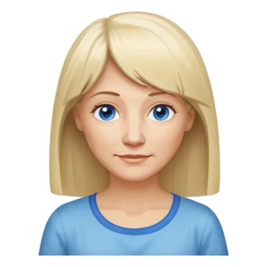 50 yr old white woman, hippie part short bangs, very long straight blond hair, oval face, small smile, blue eyes, thin face, hair downback, hair parted at center of head, round cheeks, pale, longer hair, white shirt sticker