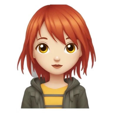 (gril) makima from the manga chainsawman with red hair fringe, yellow eyes with a circle inside sticker