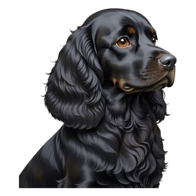 Cinematic Noble Black Cocker Spaniel Portrait Emoji, Poised and regal, with a sturdy build and a sleek, shiny black coat accented by subtle tan markings, deep-set soulful dark eyes, Simplified yet sharp and sophisticated features, highly detailed, glowing with a soft, dignified glow, high shine, intelligent and alert, stylized with an air of refinement, focused and attentive, soft glowing outline, capturing the essence of a watchful and confident companion, so majestic it feels as though it could trot out of the screen with effortless authority! sticker