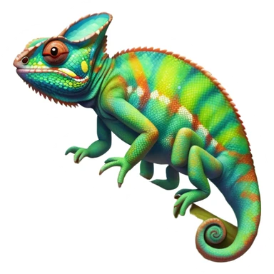 Giant chameleon on a branch, blending with vibrant greenery. Detailed scales in shifting colors, showing the chameleon’s ability to camouflage. Soft natural light highlights its texture. Nature background with leafs aтв адщцукы. Lush jungle background with vivid foliage, transparent background. sticker