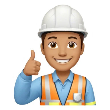 pria karyawan konstruksi menggunkan helmet putih berseragam biru langit berlengan panjang dan tersenyum dan mengacungkan jempol sticker