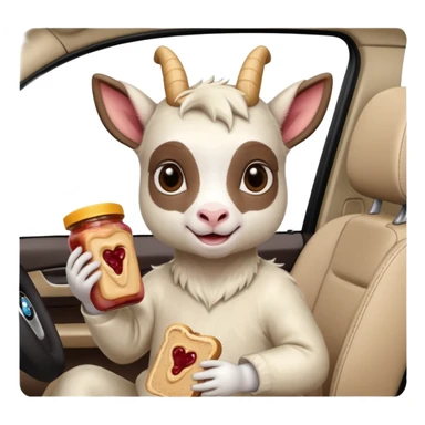 cute baby goat eating peanut butter and jelly driving in a bmw x1, holding a peanut butter and jelly in hand sticker