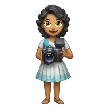 Indian woman with wavy hair and a folded skirt holding a video camera sticker