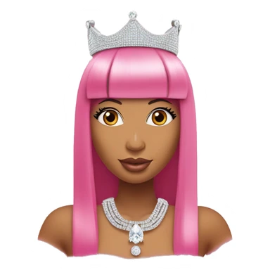 Nicki Minaj with a long straight pink bob and bangs and a diamond chain that says “queen”. She he’s a crown on her head  sticker