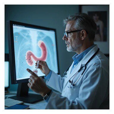 realistic doctor showing patient fecal analysis result with presence of parasites, monitor with enlarged image sticker