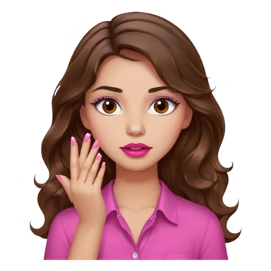 girl with long wavy brown hair, brown eyes, light to medium complexion, in a pink shirt, pink lips, long lashes, puckered lips, showing off painting nails sticker