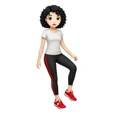 generate a pretty bratz fair skinned girl with curly black hair wearing a white tshirt trekking on a hill with red sneakers on and black leggings. Show HILLS sticker