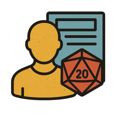minimalist icon representing Player for DnD TTRPGs with silhouette, D20 dice, or character sheet, worn and distressed look sticker