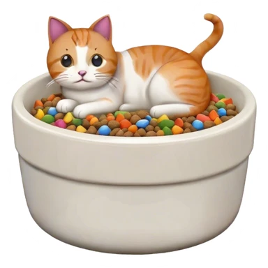 cat pet food bowl with, the food is piled on top of the bowl where it is so full. Make the kibble in the food bowl white with rainbow pieces sticker
