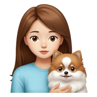 Brown hair asian girl look at one white Pomeranian  sticker