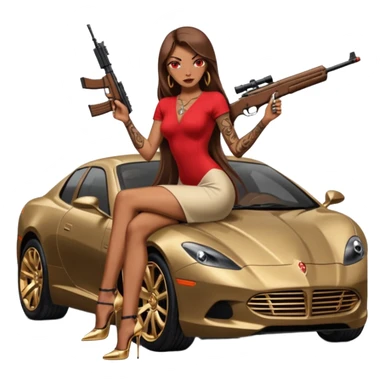 Lilith tan skinfemale red eyes symbol. Tattoo arms. Her hair is brown straight long hair.wearing sexy long  erotic dress with slit. black stiletto platform high heels shoes on. Sitting on gold giant luxury car with cash surrounding her. She is holding a sniper rifle in one hand cash in other hand sticker