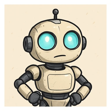 robot assistant with bright eyes staring intently, cartoon style, light background sticker