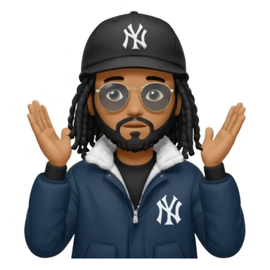 African American man with shoulder length black dreadlocks with black beard wearing black sunglasses with black bubble winter coat wearing a New York Yankees baseball hat with his hands on top of head in thinking position sticker