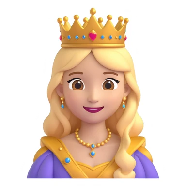 A cartoon-style princess emoji with long hair, wearing a golden crown, smiling softly, and dressed in a royal gown sticker