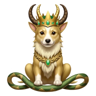 loki god of mischief as a dog. he as snakes. he wears a horned crown as the god himself.  dynamic pose sticker