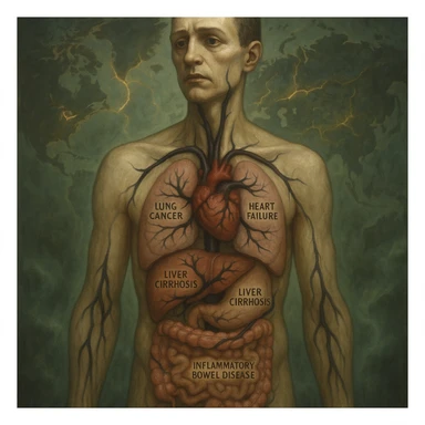 semi-realistic, allegorical style human figure with visible organs, black parasites branch to organs, each organ labeled with a disease name in small text, world map, glowing fissures, green mist sticker