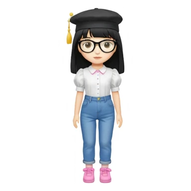 A yellow-skinned girl with long straight black hair, flat bangs, black frame glasses, a white puffy sleeve doll shirt, blue jeans and pink shoes, and a black painter's hat，no yellow spikes. sticker