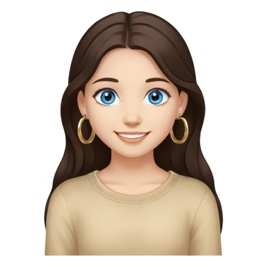 Girl with long dark brown hair and blue eyes with light medium skin and small gold hoops smiling  sticker