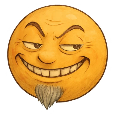 ghibli style smug and greedy yellow emoji with a thin gray beard sticker