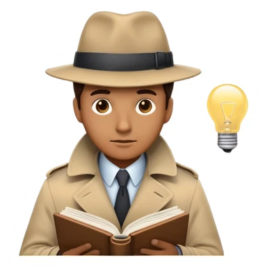A detective emoji, wearing a classic trench coat and hat, intently reading a person human book a cover of a person. , a glowing lightbulb represents a sudden realization—symbolizing research, curiosity, and critical thinking. The book’s cover subtly features the silhouette of a person  sticker