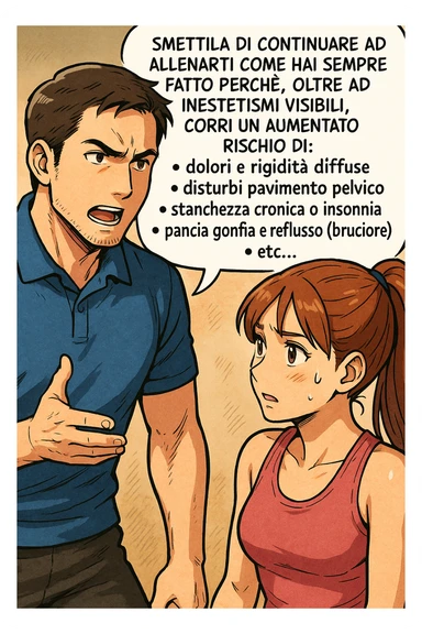 TRASFORMA QUESTO CAROSELLO IN UN FUMETTO STILE MANGA A COLORI CON QUESTE DUE PERSONE IDENTICHE CHE INTERLOQUISCONO TRA LORO:

LUI (UOMO): Smettila di continuare ad allenarti come hai sempre fatto perché, oltre ad inestetismi visibili, corri un aumentato rischio di:
    • dolori e rigidità diffuse
    • disturbi pavimento pelvico
    • stanchezza cronica o insonnia
    • pancia gonfia e reflusso (bruciore)
    • etc… sticker