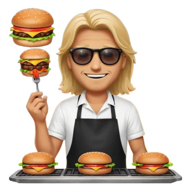 long hair man grilling wearing shade smiling in a white tshirt and a black apron grilling burger and meat on a sizzling grill sticker