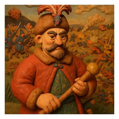 Transform the image into a claymation style with soft textures and warm tones, resembling hand-molded plasticine. Add a background depicting a historical battle of the 17th century between Ukrainian Cossacks and Poles, with warm colors and detailed claymation elements. sticker