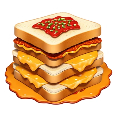 extra spicy sucuk sandwich object icon, crispy toasted bread, lots of spicy sucuk slices, dripping melted cheese, hot chili sauce, red pepper flakes, spicy steam effect, 3D cartoon, mobile game icon style, clean background, no text, no watermark
 sticker