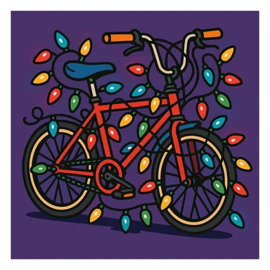 A retro 1980s bicycle with Christmas lights, referencing Stranger Things, in a vibrant cartoon style sticker