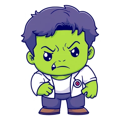 Chibi Bruce Banner transforming into Hulk, showing stages of transformation from nerdy scientist to green monster, cute big head style, adorable expression changing from worried to angry sticker