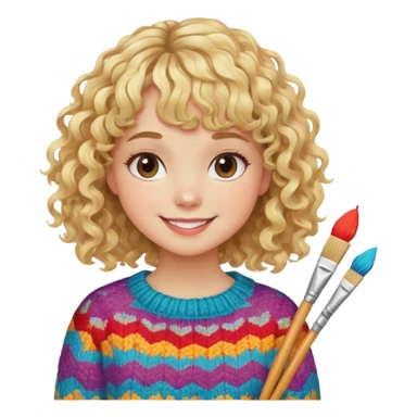 smiling girl with curly blonde hair and bangs with brushes and colourful  knitted sweater sticker