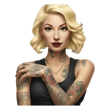 Blonde elegant women, her Body Covered with Tattoos, POINTING YOU with her ONE HAND , Hyper realistic sticker
