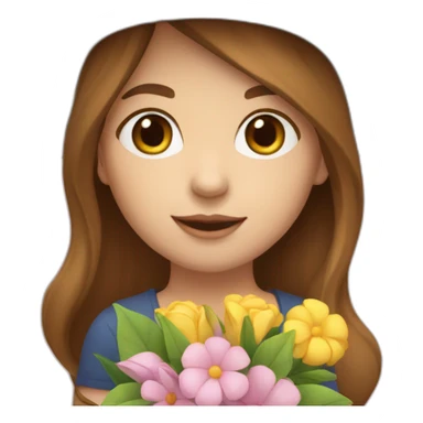 white skin, Girl with a hat, brown hair straight to the shoulders, holding a bouquet of flowers sticker