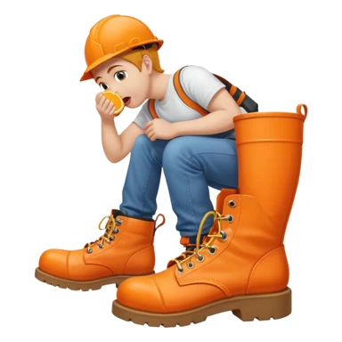 Person licking a large orange work boot sticker