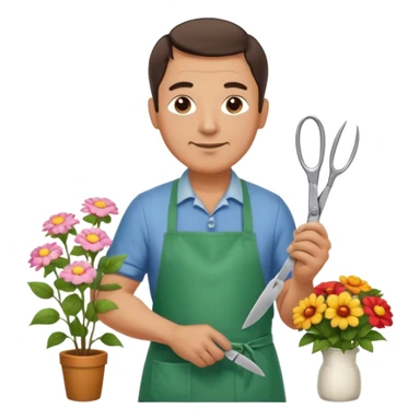Middle-aged male florist – apron on, trimming stems with scissors sticker