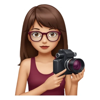 Una chica pelo largo con flequillo color marrón y gafas con estilo de periodista súper top, también agrega una cámara en sus manos, también que su vestimenta sea una blusa de tirantes color vino sticker