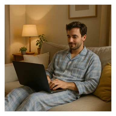 man lounging in pajamas, typing on a laptop, comfortable environment, relaxed and casual home vibe sticker