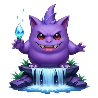 gengar from pokemon on a huge waterfall using poison magic sticker