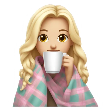 cute blonde girl wrapped in pastel pink plaid blanket drinking coffee sticker